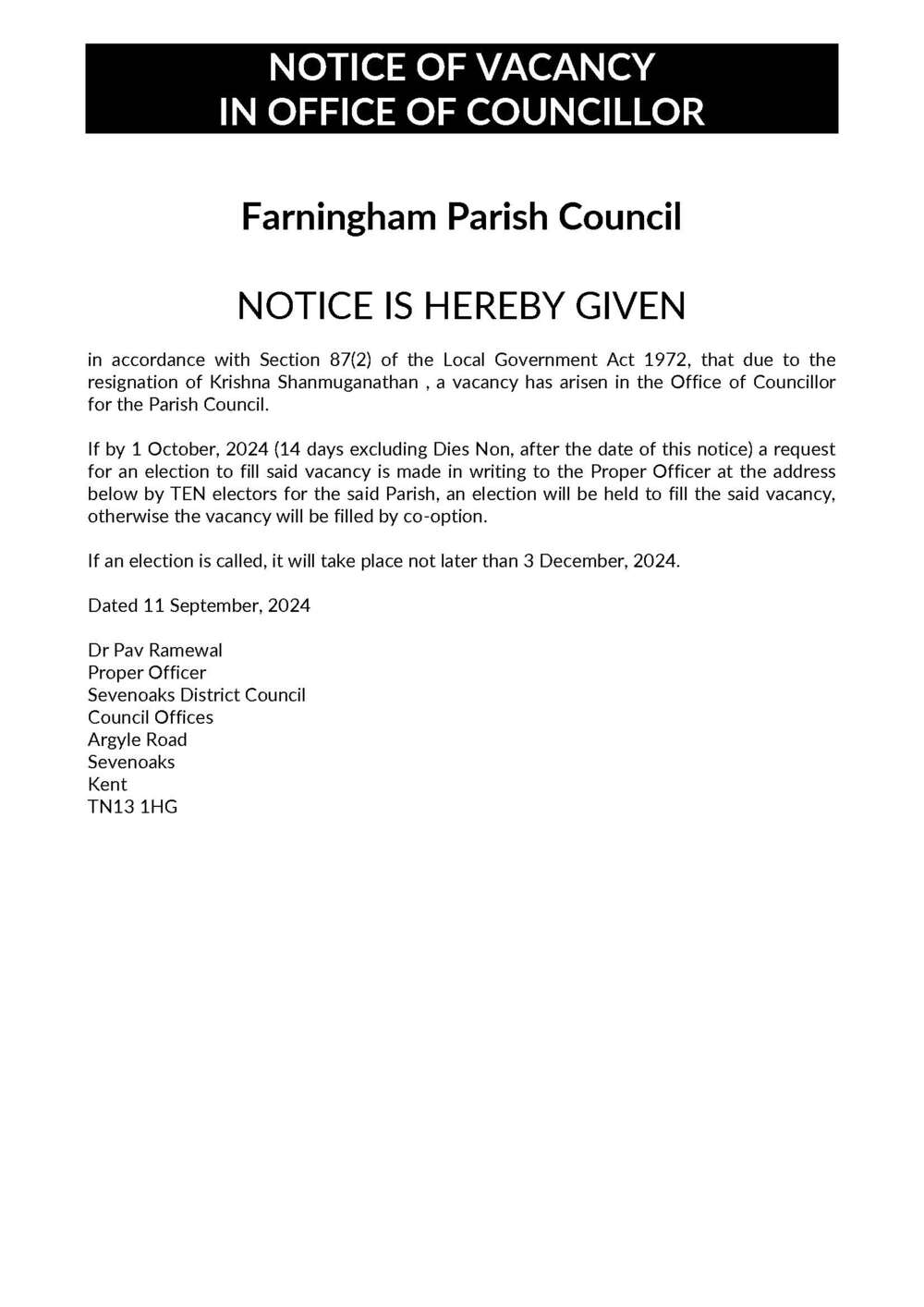 Notice of Councillor Vacancy